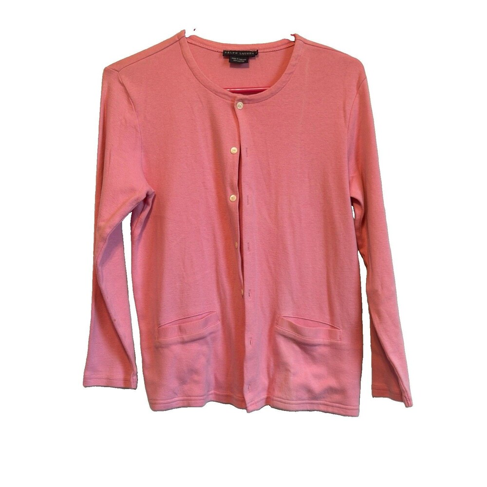 Ralph Lauren Pink Cotton Cardigan Sweater Size M Crew Neck Button Up Ribbed Knit